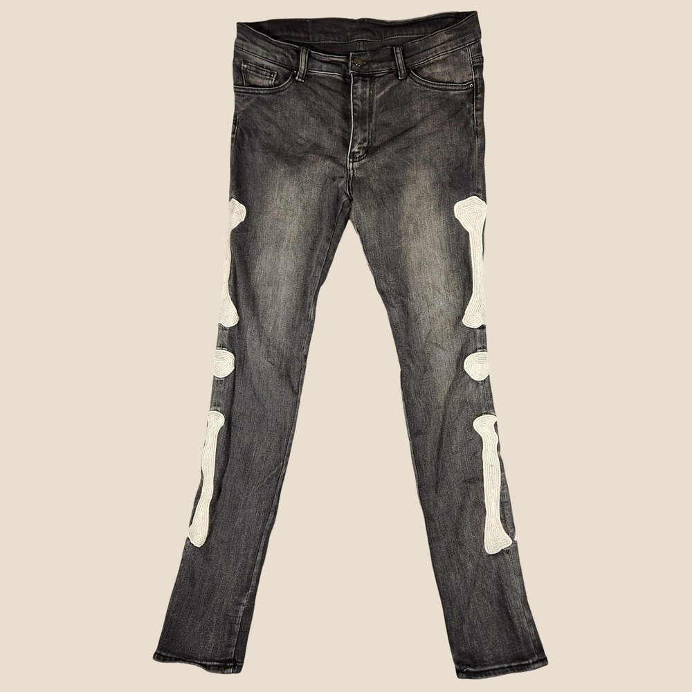 mnml Skeleton Bone Skinny Jeans Mens 34 Black Excellent Crochet Applique Stretch